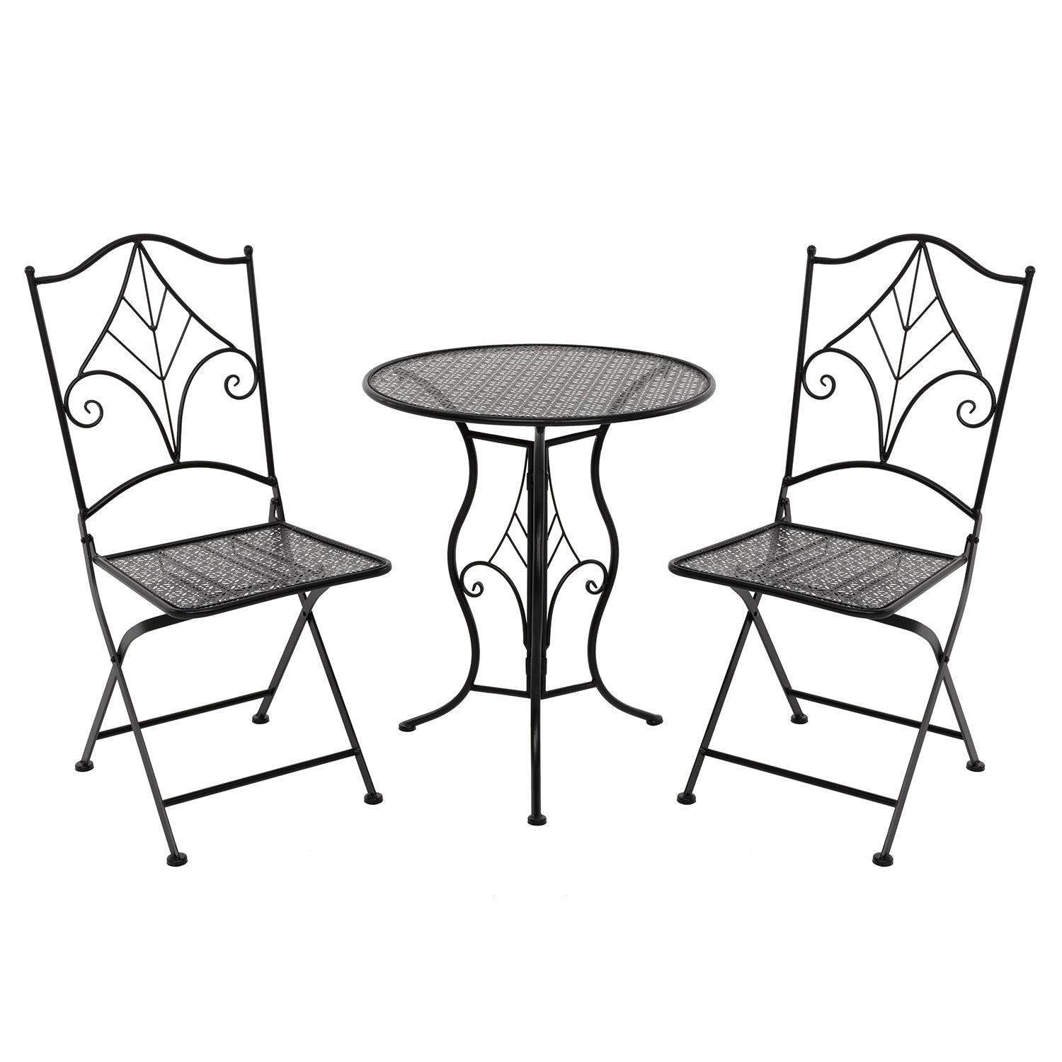 VESTIAMO CASA GIARDINO - Set giardino Bistrot tavolo rotondo 60 cm e 2 sedie pieghevoli in metallo Nero Stile Liberty